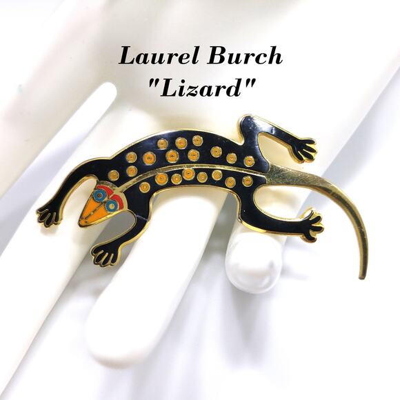 Laurel Burch Black "Lizard" Brooch, Gold Plated Cloisonne, 1980s Vintage Jewelry - Picture 1 of 10